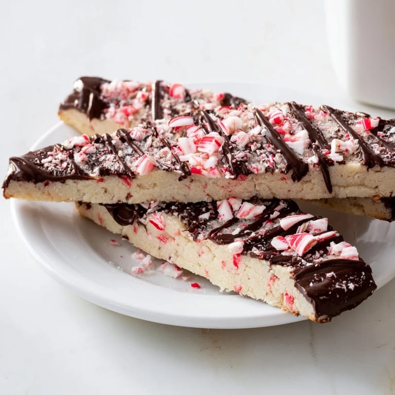 Close-up of buttery, crumbly chocolate peppermint shortbread wedges with a peppermint candy sprinkle.