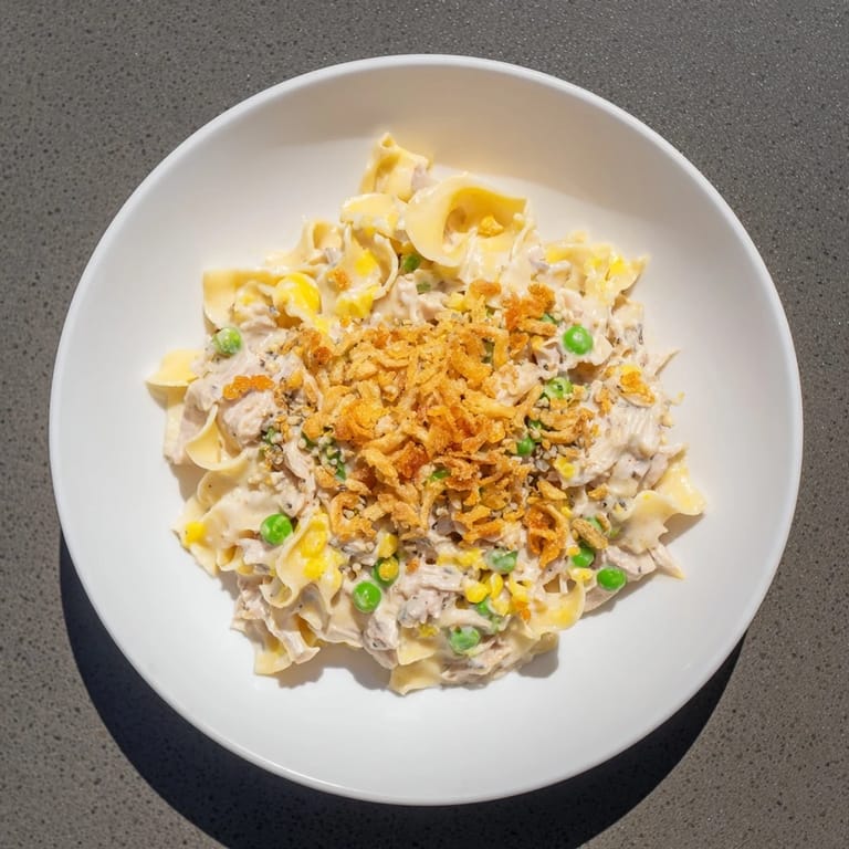 A close-up of a warm, creamy tuna noodle casserole topped with crunchy fried onions, ready to eat.