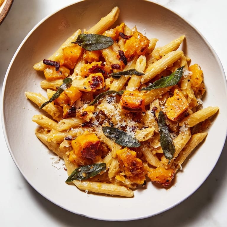 Savory Brown Butter Pasta with Butternut Squash, featuring creamy pasta and tender, roasted squash.