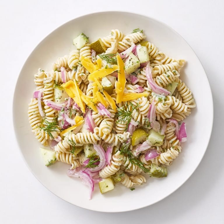 Cold Dill Pickle Pasta Salad garnished with fresh dill, offering a cool, savory bite.