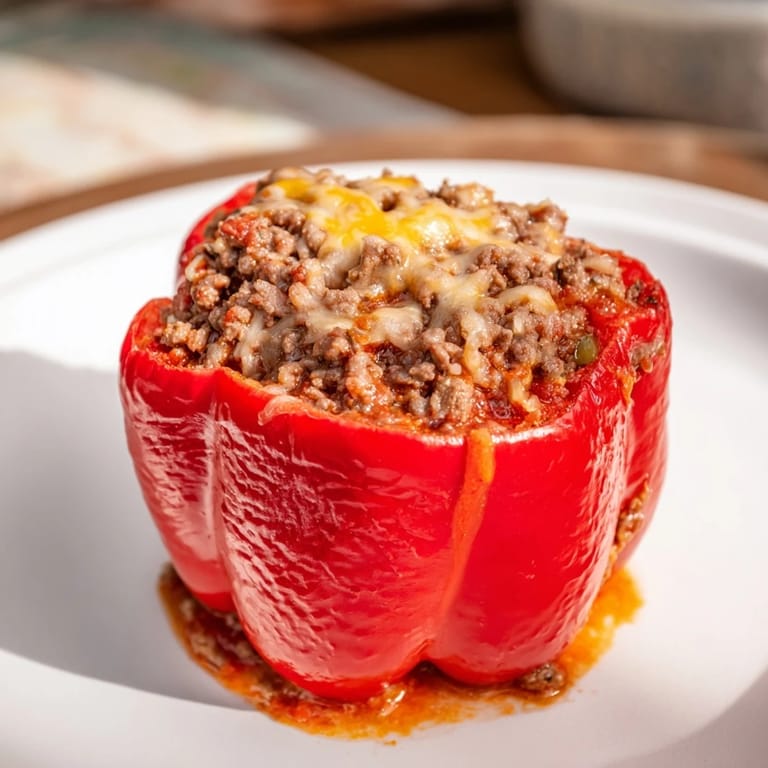 Golden and tender Sloppy Joe Stuffed Bell Peppers, a hearty and flavorful American dinner idea on a plate.