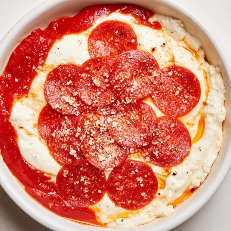 A close-up of Pizza Dip, showing the rich, melted mozzarella topping and flavorful marinara.