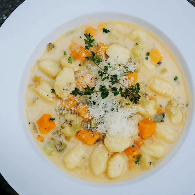 Close-up of golden-hued Savory Butternut Squash Gnocchi Soup, ready for a delicious, warm meal.