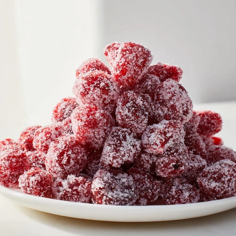 Sweet and tart vegan candied cranberries, a delightful homemade garnish, ready to be enjoyed.