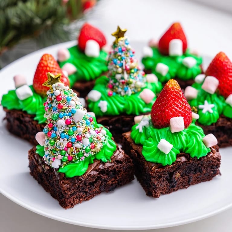 Delicious Express Christmas Tree Brownie Hats feature strawberry Christmas trees on a rich, chocolatey base.