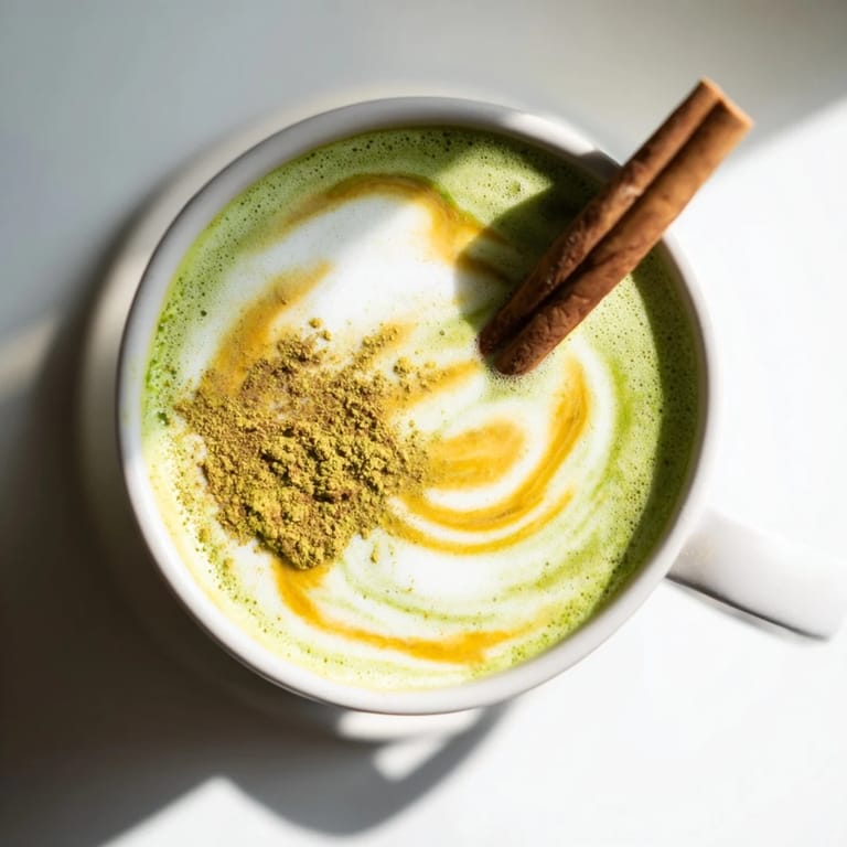 A beautiful, frothy Maple Cinnamon Gingerbread Matcha Oat Latte with visible layers, inviting you to sip.