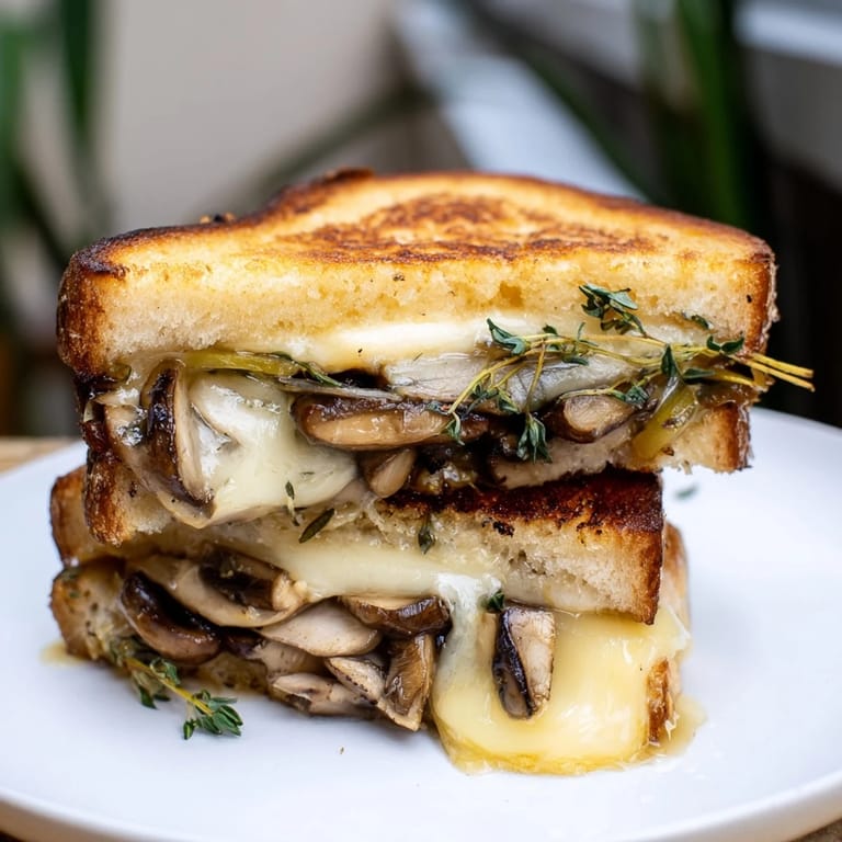 A close-up shot of a savory Roast Garlic Mushroom & Thyme Grilled Cheese, sliced and ready to serve.