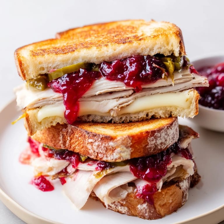 Melted Swiss oozing from this air fryer jalapeño cranberry turkey grilled cheese, a festive sandwich served warm.