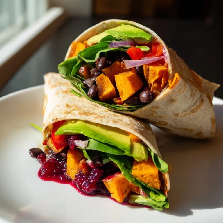 A beautiful, close-up view of a hearty Roasted Sweet Potato & Black Bean Holiday Wrap, ready to be enjoyed.
