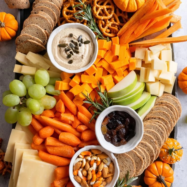 Delicious Pumpkin Patch Snack Board showcasing colorful cheeses, crackers, and sweet autumn nibbles, perfect for sharing.