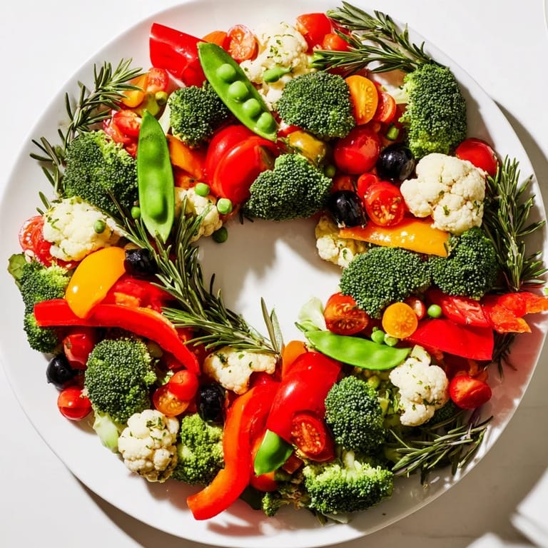 Vibrant Garland Veggie Wreath with bright red and green veggies, perfect for a holiday appetizer centerpiece.