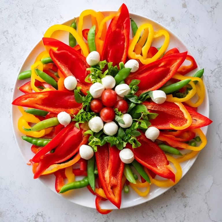 Festive Poinsettia Platter: a vibrant appetizer featuring colorful vegetables, cheeses, and dips arranged artfully.