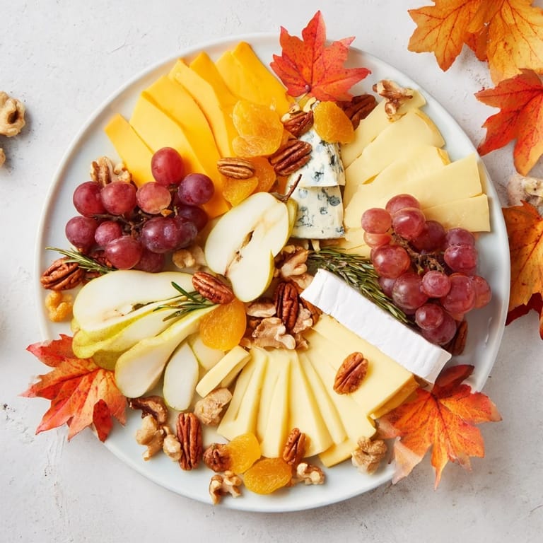 Delicious Autumn Leaf Cheese Platter with colorful leaves and delectable brie with honey drizzled on top!