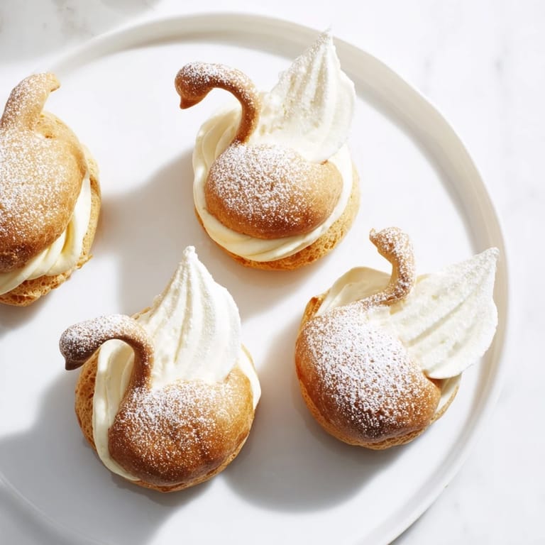 Close-up of freshly baked Elegant Swan Mini Pastries showcasing the light choux pastry and delightful cream.