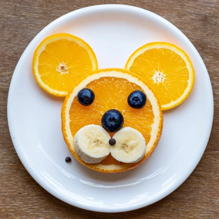 Vibrant Orange Slice Bear Face Fruit Board: sweet oranges, blueberries, and strawberries delight!