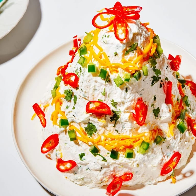 Creamy Chili Pepper Christmas Tree Dip shaped in a holiday tree, ready to be served with crackers.