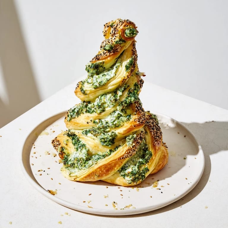 Flaky, savory puff pastry Christmas tree appetizer with sprinkled seeds, a perfect holiday appetizer.