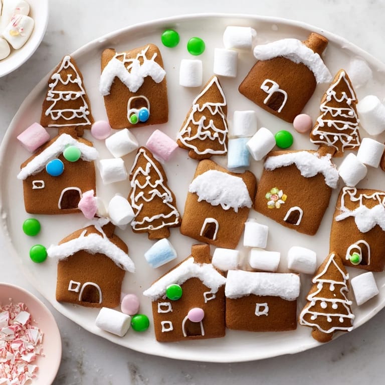 Close-up of a gingerbread village dessert spread with homemade gingerbread cookies, ready to be enjoyed.