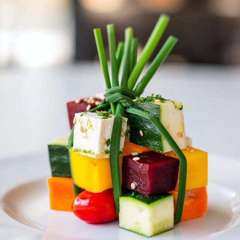 Eye-catching Stacked Gift Box Veggie Cubes: layered vegetable bites with feta, perfect for a festive, gluten-free party platter.