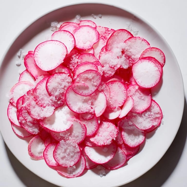 Close-up of bright red radish slices sprinkled with flaky sea salt, a healthy snack option.