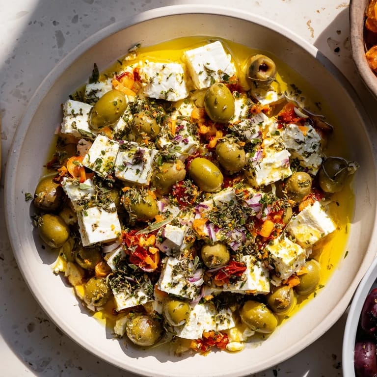 Mediterranean Holiday Mix: Mixed Olives with Feta Cubes, garnished with fresh parsley and lemon zest, a savory appetizer.