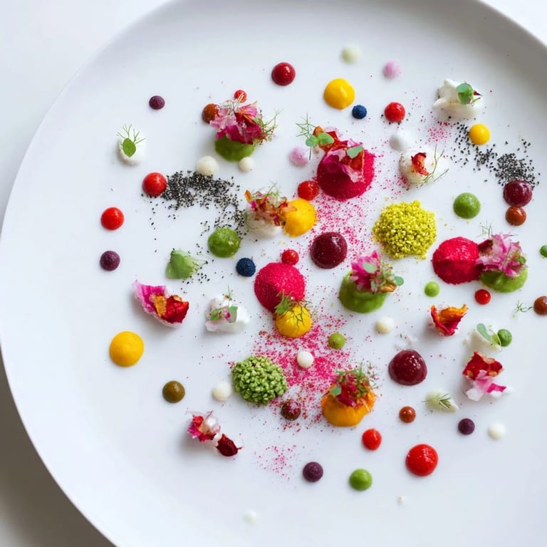 Artistic Pointillism Dot Matrix with bright purées and sauces, garnished delicately with microgreens and seeds.