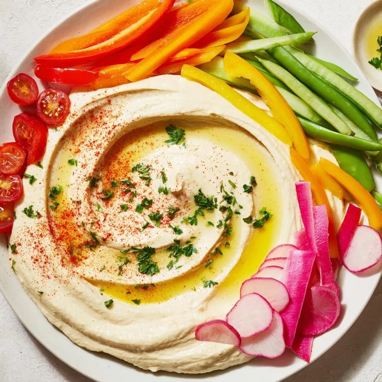 Fresh, colorful vegetables artfully arranged around hummus in this stunning River Delta Flow presentation.