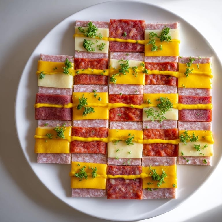 A delicious The Patchwork Quilt appetizer, showcasing a patchwork design of savory meats and cheeses.