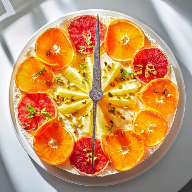 Perfect for parties: A creative Clockwork Orange appetizer, showcasing a citrus fruit clock and cheese.