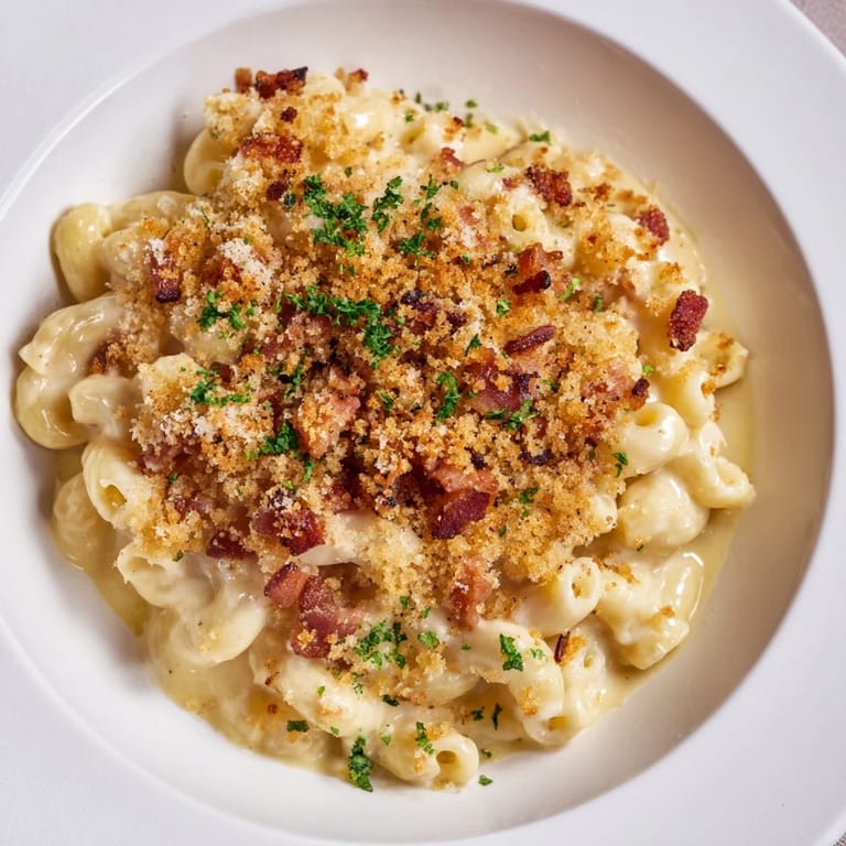 A close-up of creamy Tinis Mac and Cheese with Bacon, showcasing a crunchy bacon topping and bubbly textures.
