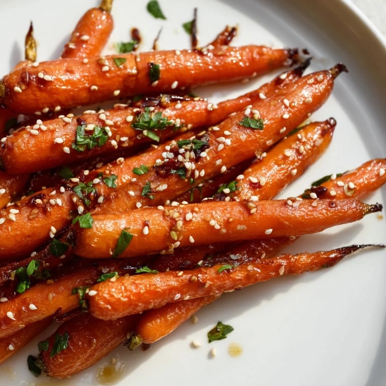 Close-up of tender honey soy roasted carrots, a simple yet delicious side, perfect for your meal.