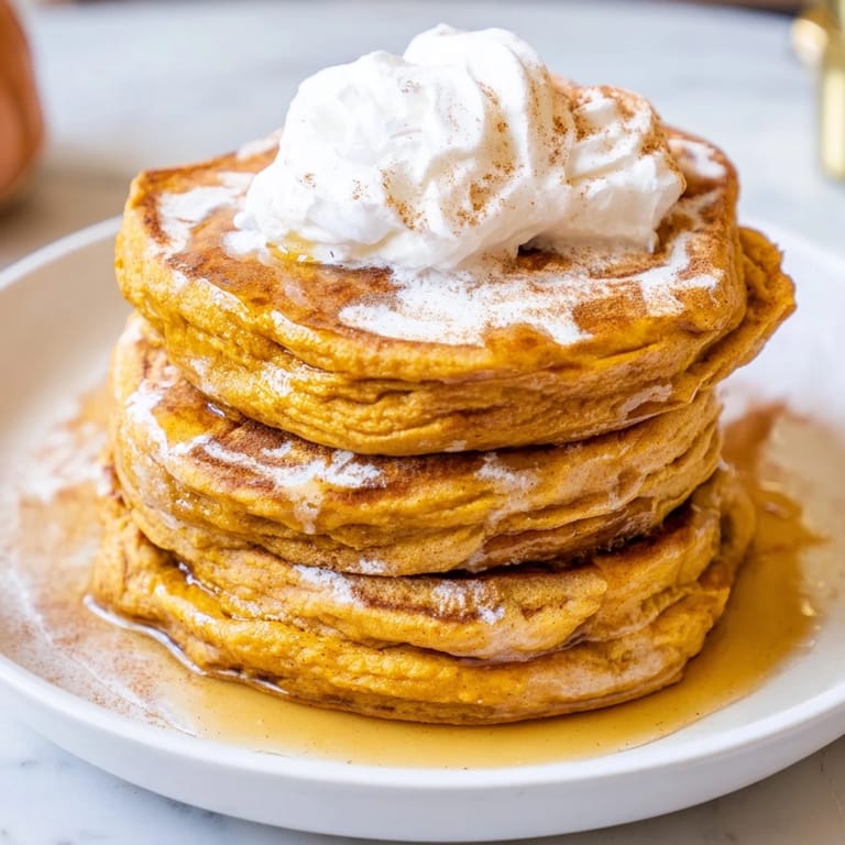 Warm, inviting view of fluffy pumpkin spice pancakes, ideal for a comforting breakfast treat.
