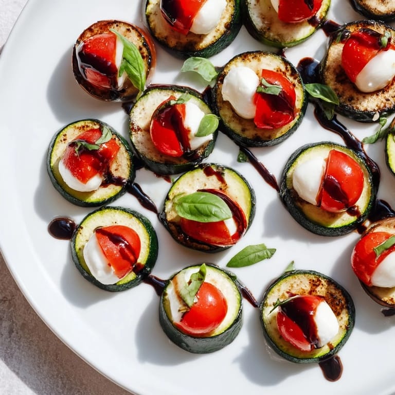 These Zucchini Caprese Bites feature perfectly roasted zucchini rounds with balsamic glaze and fresh ingredients.