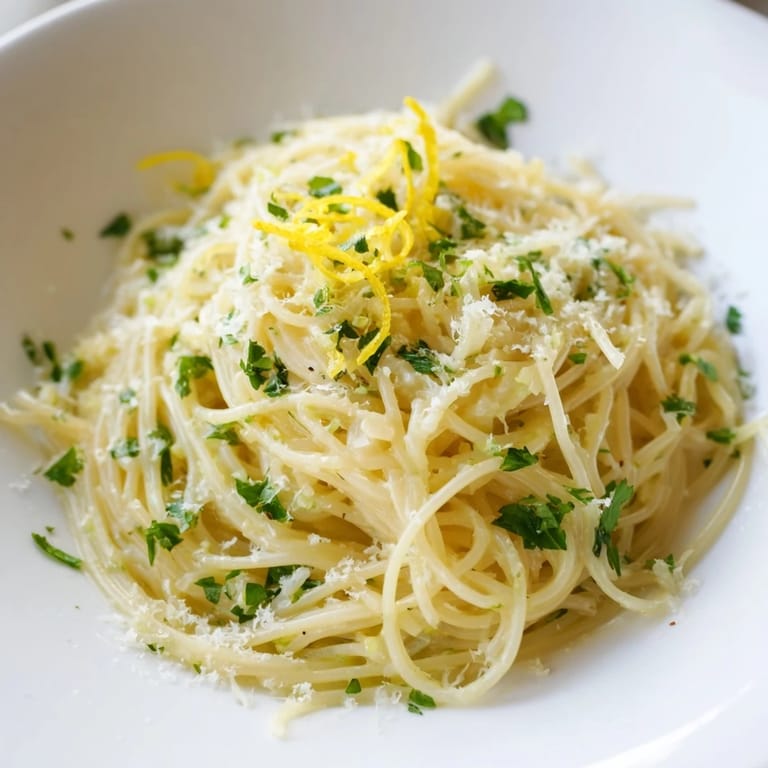 Tender angel hair pasta, Lemon Capellini, tossed with herbs; a quick, vibrant vegetarian meal.