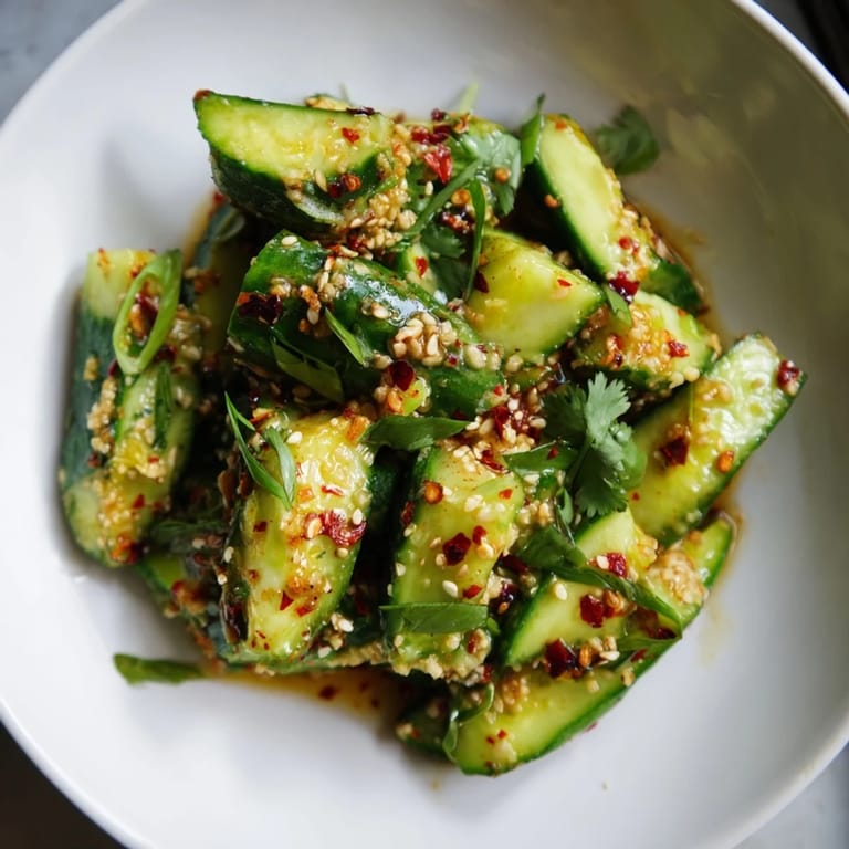 Vibrant Chinese Spicy Smashed Cucumber Salad, tossed, topped with sesame seeds, ready to serve with grilled meats.
