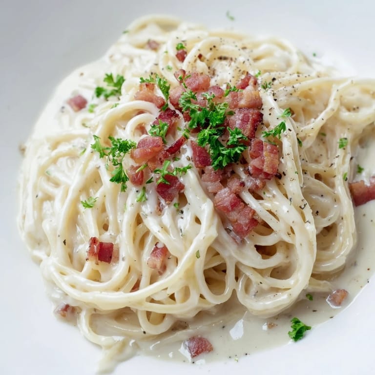 A close-up of quick Ramen Carbonara Hack, featuring perfectly coated noodles and fresh parsley garnish.