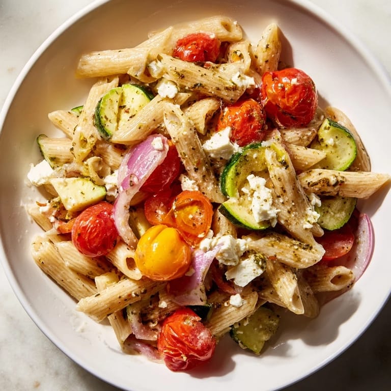 Wholesome whole-grain pasta tossed with baked feta and roasted veggies; a delicious 2.0 recipe.