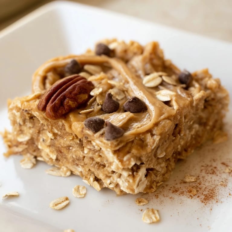 Golden-brown Peanut Butter Banana Oat Bars, cut into squares, perfect for a grab-and-go snack.