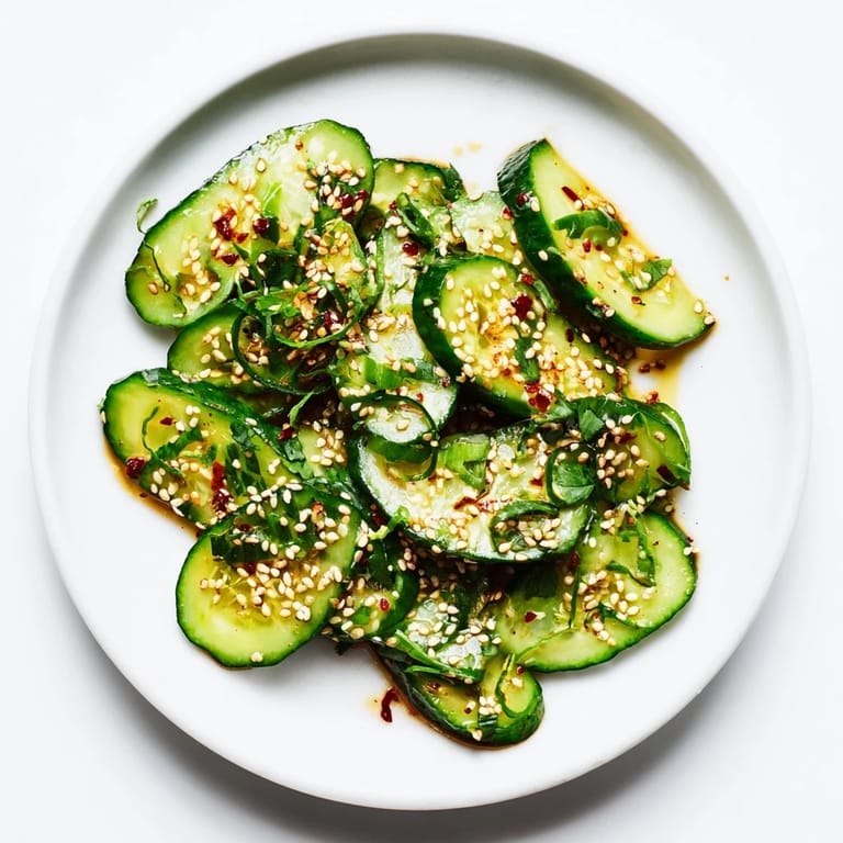 A close-up of the Zesty Shake Cucumber Salad, with glistening cucumbers and sesame seeds sprinkled on top.