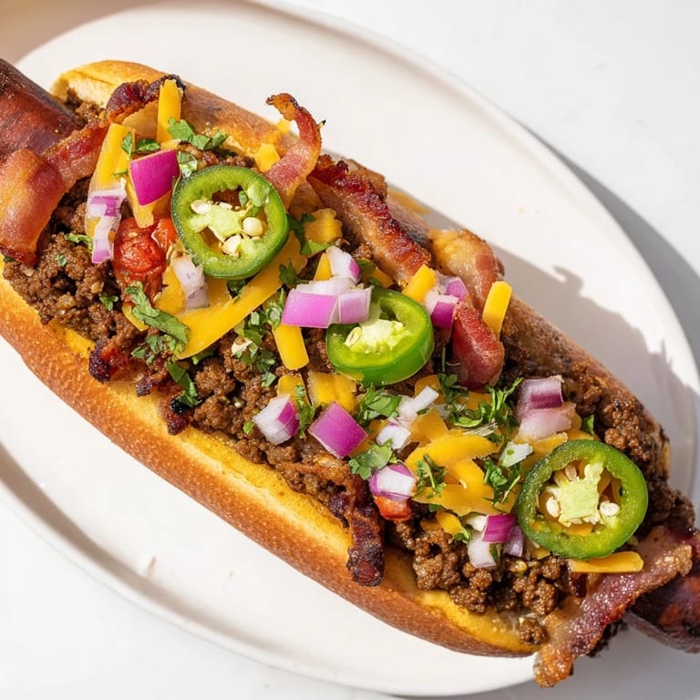 A close-up of delicious Mexican hot dogs, showing the crispy bacon and flavorful seasoned beef.