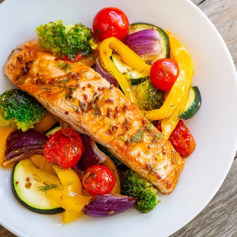 Flaky salmon sheet pan bake surrounded by vibrant bell peppers and tomatoes, ready to serve.