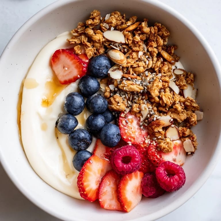 Crunchy granola complements the thick Greek yogurt in this delightful Dry Yogurt Bowl with fresh berries.