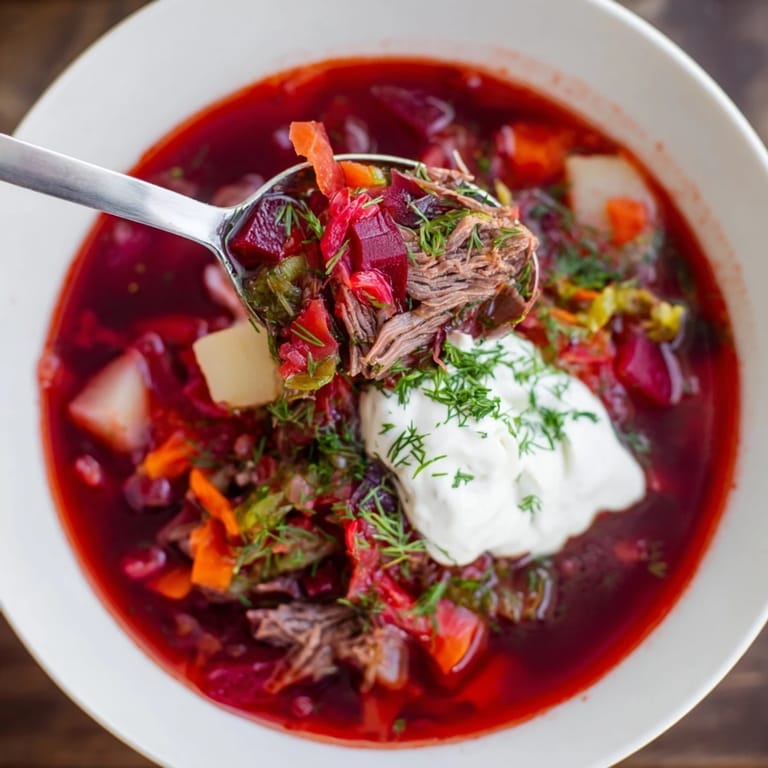 Hearty Ukrainian Borscht Soup features tender beef, bright beets, and a comforting warmth you can almost taste.