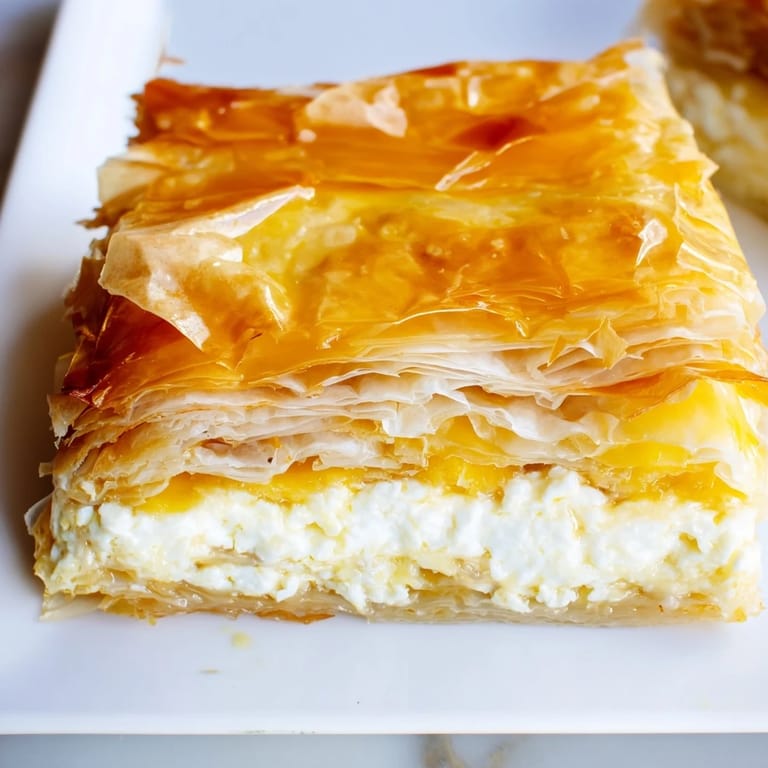 Enjoy a piece of Serbian Gibanica: a delicious, layered cheese pie with a crispy, golden crust.