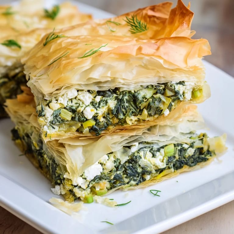 Flaky layers of phyllo, holding the delicious spinach and feta filling of Greek spanakopita.
