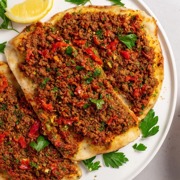 Close-up of a delicious Turkish Lahmacun, showcasing vibrant toppings and perfectly thin crusts ready to fold.