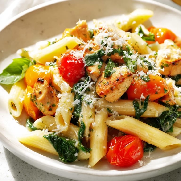 This image shows delicious One-Pan Lemon Herb Pasta Chicken, ready to enjoy with parmesan cheese and herbs.