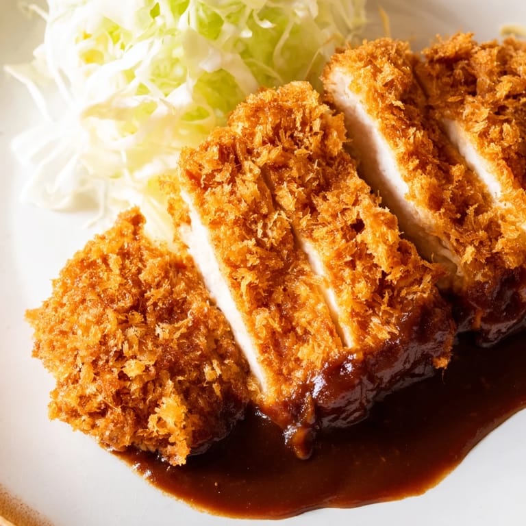 A close-up view of perfectly fried Chicken Katsu, a Japanese comfort food favorite, with rice.