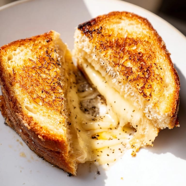 Sizzling Truffle Grilled Cheese sandwich in a skillet, with a close-up view of gooey, melted Gruyère and crispy buttery bread.