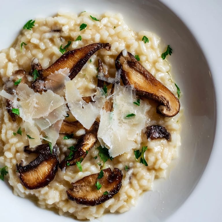 This vegetarian Roasted Mushroom Risotto features caramelized mushrooms on creamy Arborio rice in a white bowl.